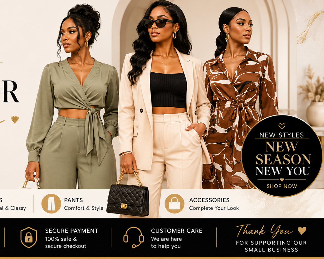 Promotional banner for Seyor Boutique featuring three female models showcasing fashion outfits, with text reading 'FASHION FOR Every You' and sections highlighting dress, two-piece sets, tops, pants, and accessories.