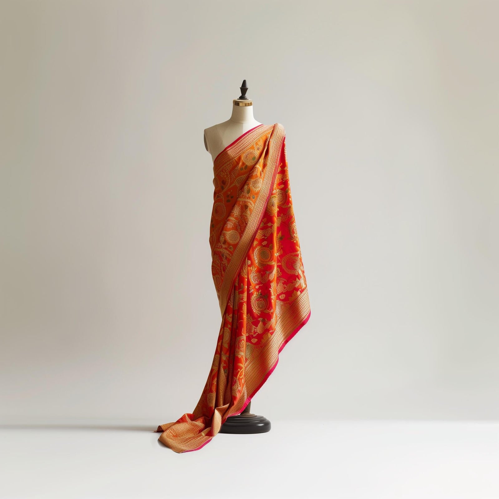 Traditional Indian Bridal Saris & Lehengas - Stunning orange and red bridal sari displayed elegantly on a mannequin.